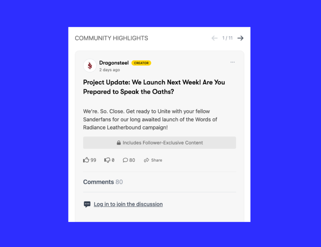 A screenshot of a project update from Dragonsteel's Launch Party page indicating that the update includes follower-exclusive content