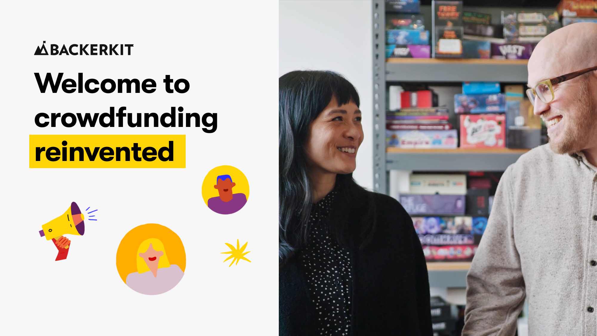 Blog post banner featuring BackerKit Co-Founders Rosanna Yau and Max Salzberg and the title Welcome to crowdfunding reinvented