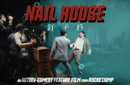 Nail house title with behind the scenes action shot of Freddie in a fight