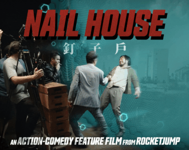 Nail house title with behind the scenes action shot of Freddie in a fight