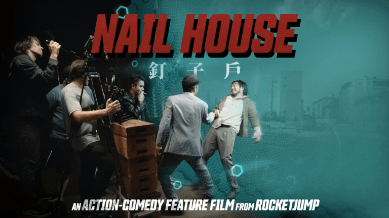 Nail house title with behind the scenes action shot of Freddie in a fight